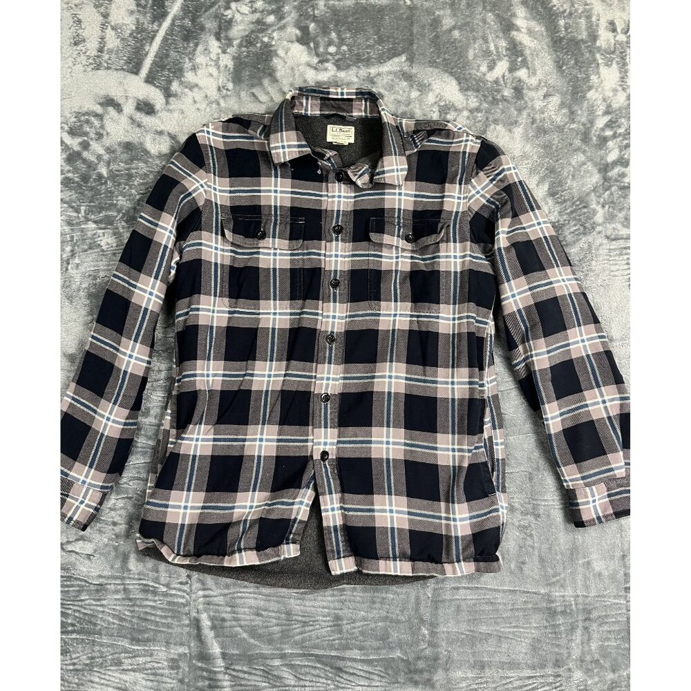 L.L.Bean Mens Traditional Fit Plaid Shirt Jacket M-REG Gray Fleece Lined Cotton/